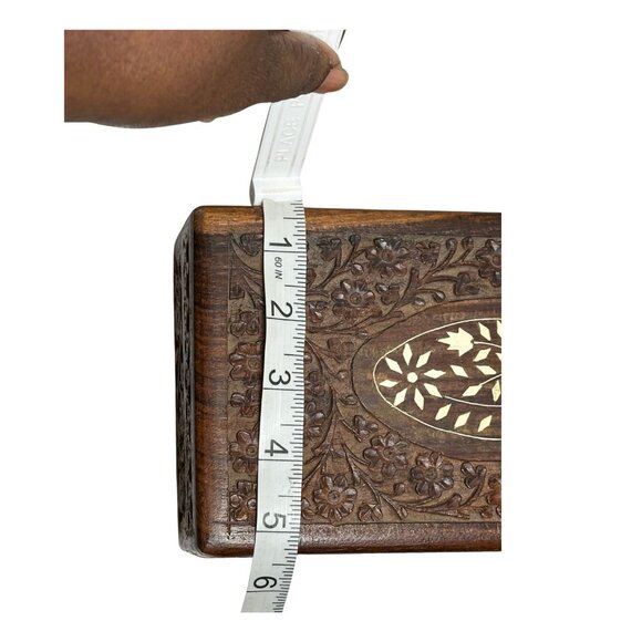 Vintage Hand-Carved Wooden Jewelry Box With Floral Inlay -Trinket Keepsake Stora - Picture 6 of 6